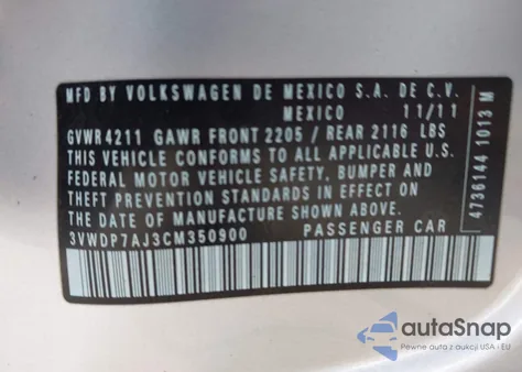 2012 Volkswagen Jetta 2.5L Se z USA, uszkodzony, nr VIN 3VWDP7AJ3CM350900